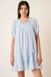 Mittoshop Tassel Tie Plaid Gauze Short Sleeve Mini Dress BLUE OutfitFlow